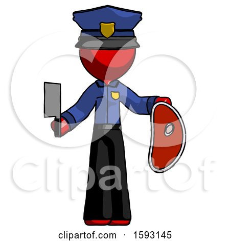 Red Police Man Holding Large Steak with Butcher Knife by Leo Blanchette