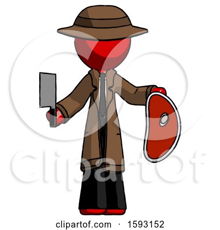 Red Detective Man Holding Large Steak with Butcher Knife by Leo Blanchette