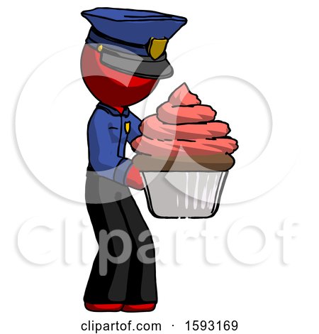 Red Police Man Holding Large Cupcake Ready to Eat or Serve by Leo Blanchette
