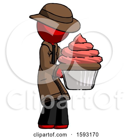 Red Detective Man Holding Large Cupcake Ready to Eat or Serve by Leo Blanchette