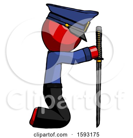 Red Police Man Kneeling with Ninja Sword Katana Showing Respect by Leo Blanchette