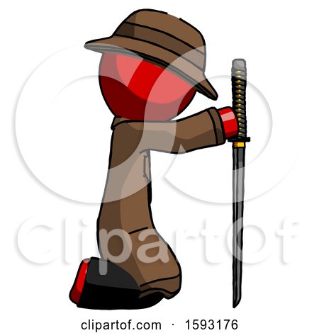 Red Detective Man Kneeling with Ninja Sword Katana Showing Respect by Leo Blanchette