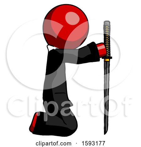 Red Clergy Man Kneeling with Ninja Sword Katana Showing Respect by Leo Blanchette