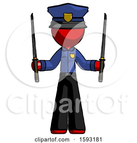 Red Police Man Posing with Two Ninja Sword Katanas up by Leo Blanchette