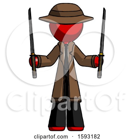 Red Detective Man Posing with Two Ninja Sword Katanas up by Leo Blanchette