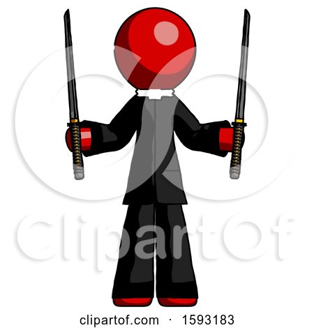 Red Clergy Man Posing with Two Ninja Sword Katanas up by Leo Blanchette