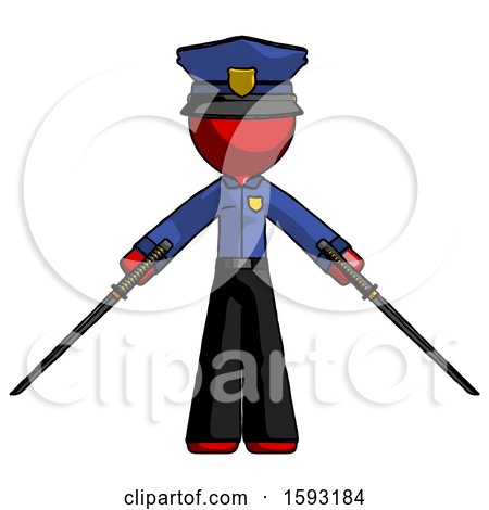 Red Police Man Posing with Two Ninja Sword Katanas by Leo Blanchette