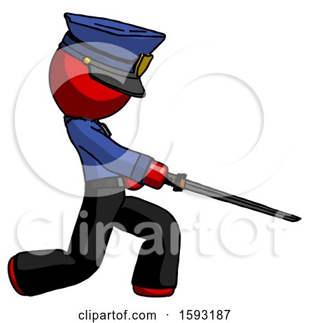 Red Police Man with Ninja Sword Katana Slicing or Striking Something by Leo Blanchette