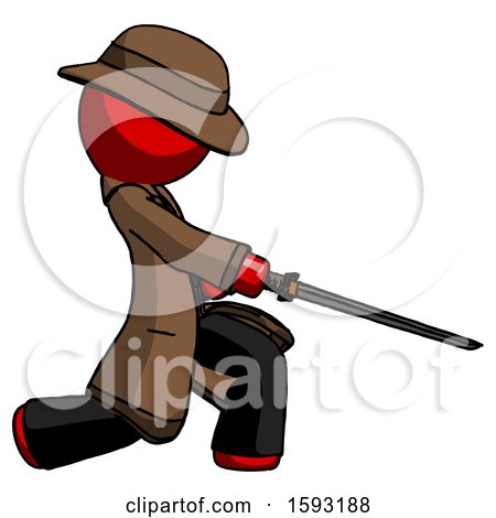 Red Detective Man with Ninja Sword Katana Slicing or Striking Something by Leo Blanchette