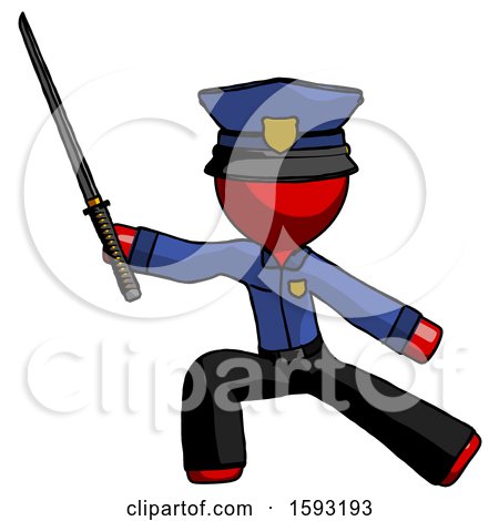 Red Police Man with Ninja Sword Katana in Defense Pose by Leo Blanchette