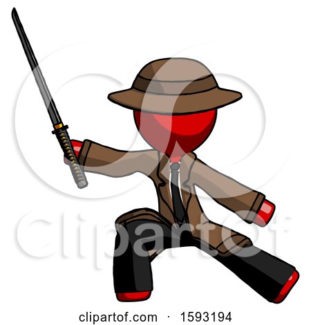 Red Detective Man with Ninja Sword Katana in Defense Pose by Leo Blanchette