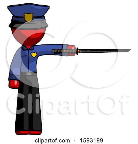 Red Police Man Standing with Ninja Sword Katana Pointing Right by Leo Blanchette