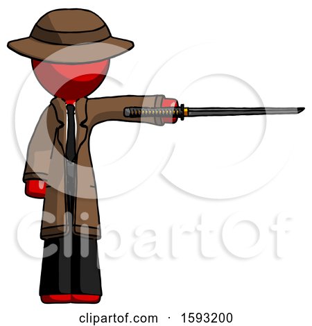 Red Detective Man Standing with Ninja Sword Katana Pointing Right by Leo Blanchette