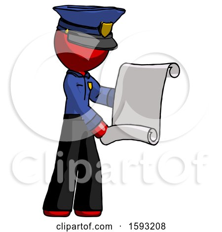 Red Police Man Holding Blueprints or Scroll by Leo Blanchette
