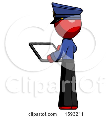 Red Police Man Looking at Tablet Device Computer with Back to Viewer by Leo Blanchette