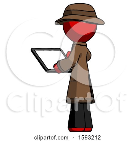 Red Detective Man Looking at Tablet Device Computer with Back to Viewer by Leo Blanchette