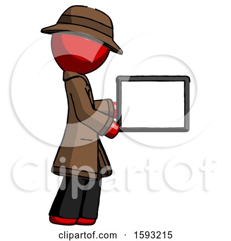 Red Detective Man Show Tablet Device Computer to Viewer, Blank Area by Leo Blanchette