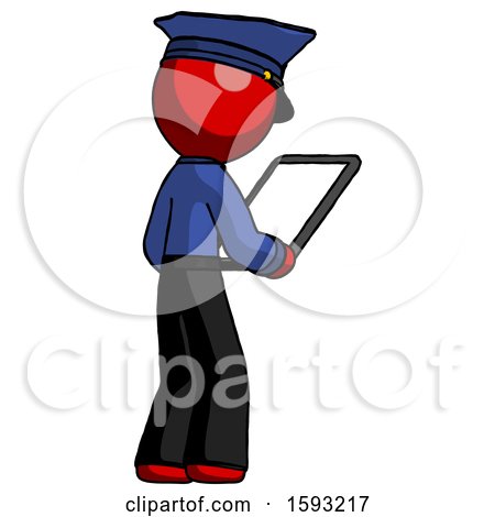 Red Police Man Looking at Tablet Device Computer Facing Away by Leo Blanchette