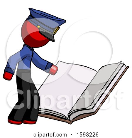 Red Police Man Reading Big Book While Standing Beside It by Leo Blanchette