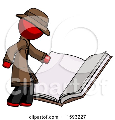 Red Detective Man Reading Big Book While Standing Beside It by Leo Blanchette