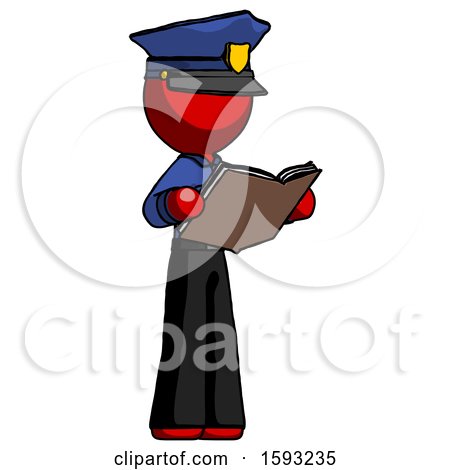 Red Police Man Reading Book While Standing up Facing Away by Leo Blanchette