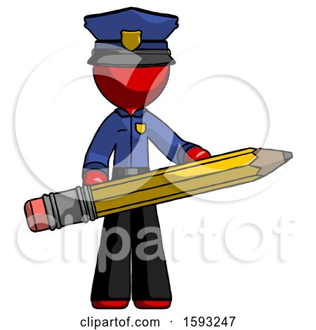 Red Police Man Writer or Blogger Holding Large Pencil by Leo Blanchette