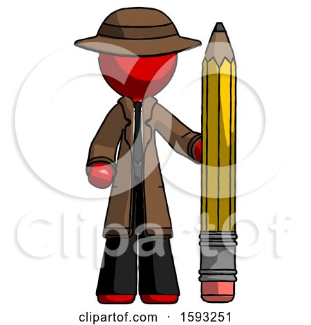 Red Detective Man with Large Pencil Standing Ready to Write by Leo Blanchette