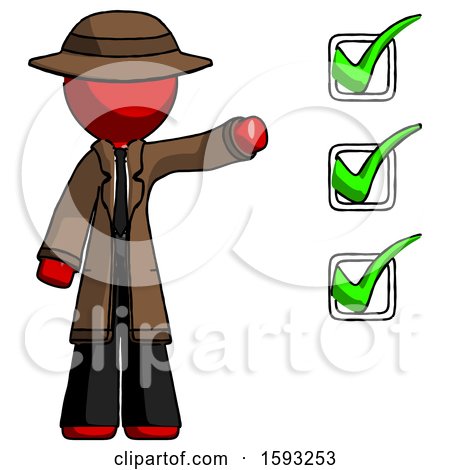 Red Detective Man Standing by List of Checkmarks by Leo Blanchette