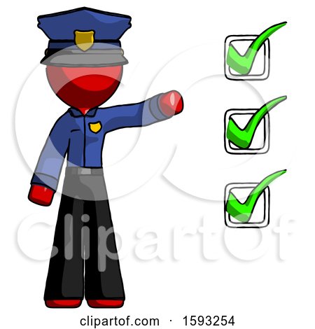 Red Police Man Standing by List of Checkmarks by Leo Blanchette