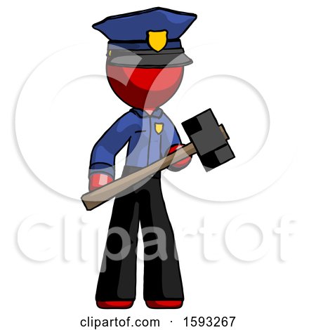 Red Police Man with Sledgehammer Standing Ready to Work or Defend by Leo Blanchette
