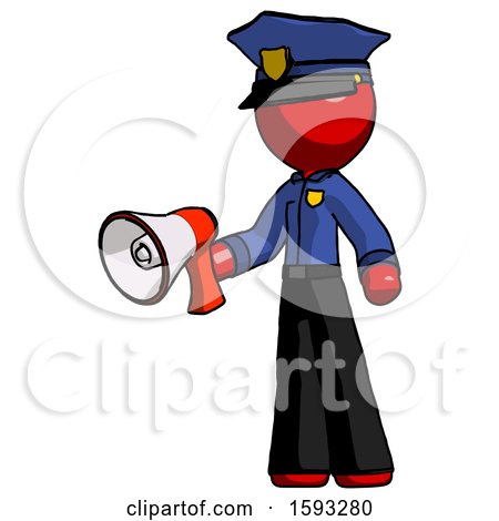 Red Police Man Holding Megaphone Bullhorn Facing Right by Leo Blanchette