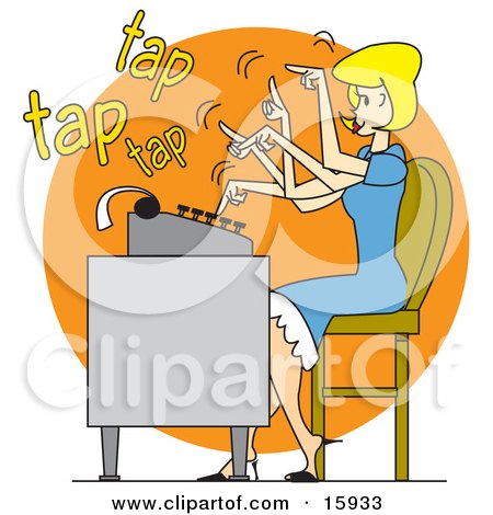 Pretty Blond Woman In A Blue Dress, Typing Extremely Fast On A Typewriter Clipart Illustration by Andy Nortnik