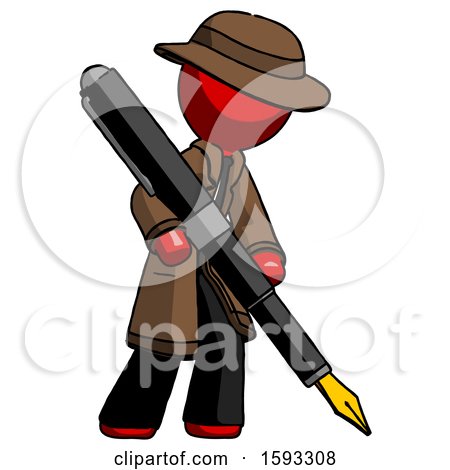 Red Detective Man Drawing or Writing with Large Calligraphy Pen by Leo Blanchette