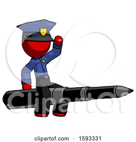 Red Police Man Riding a Pen like a Giant Rocket by Leo Blanchette