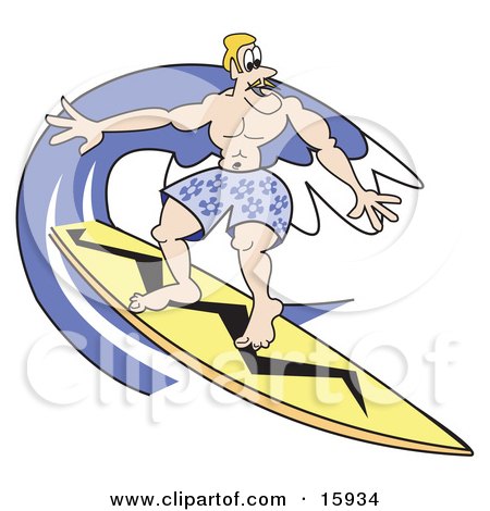 Muscular Blond Surfer Dude Riding A Wave With A Yellow Surfboard Clipart Illustration by Andy Nortnik