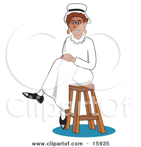 Pretty African American Woman In A Nurse Uniform, Seated On A Stool With Her Legs Crossed Clipart Illustration by Andy Nortnik