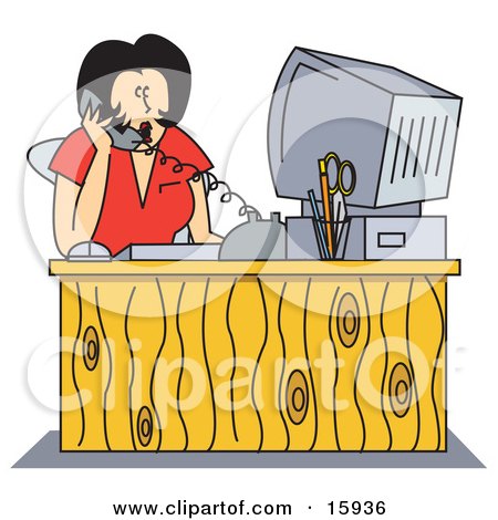 Shocked Female Receptionist Taking A Telephone Call While Seated  In Front Of Her Computer At Her Office Desk Clipart Illustration by Andy Nortnik