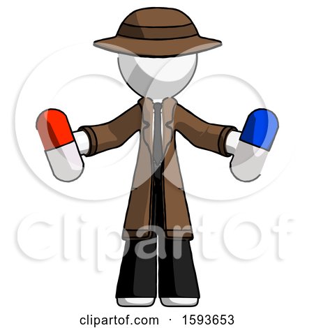 White Detective Man Holding a Red Pill and Blue Pill by Leo Blanchette