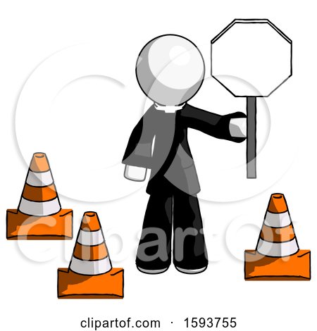 White Clergy Man Holding Stop Sign by Traffic Cones Under Construction Concept by Leo Blanchette