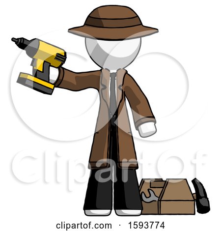 White Detective Man Holding Drill Ready to Work, Toolchest and Tools to Right by Leo Blanchette