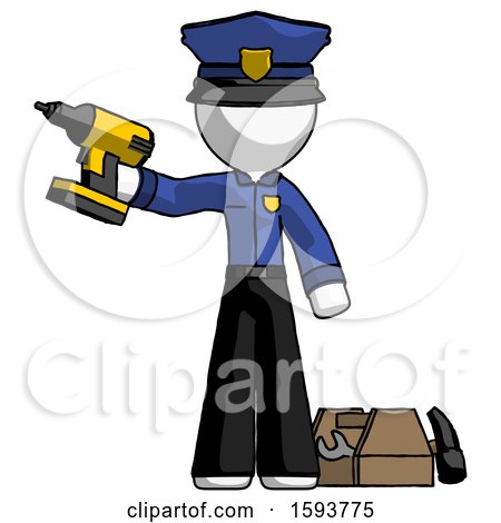 White Police Man Holding Drill Ready to Work, Toolchest and Tools to Right by Leo Blanchette