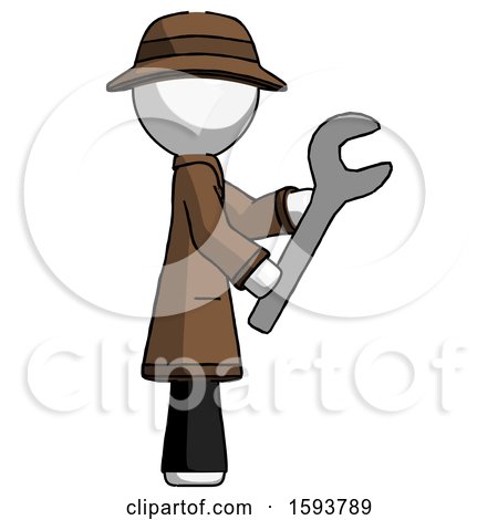 White Detective Man Using Wrench Adjusting Something to Right by Leo Blanchette