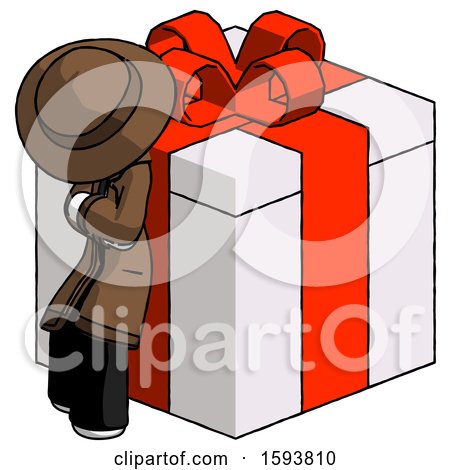 White Detective Man Leaning on Gift with Red Bow Angle View by Leo Blanchette