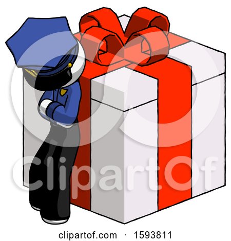 White Police Man Leaning on Gift with Red Bow Angle View by Leo Blanchette