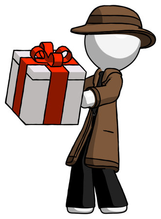 White Detective Man Presenting a Present with Large Red Bow on It by Leo Blanchette