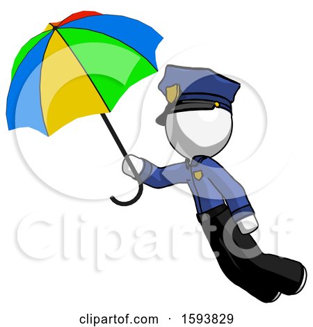 White Police Man Flying with Rainbow Colored Umbrella by Leo Blanchette