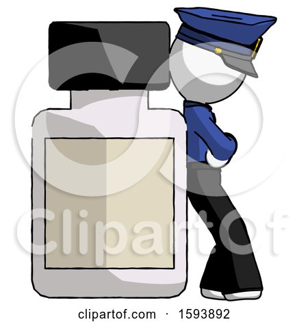 White Police Man Leaning Against Large Medicine Bottle by Leo Blanchette