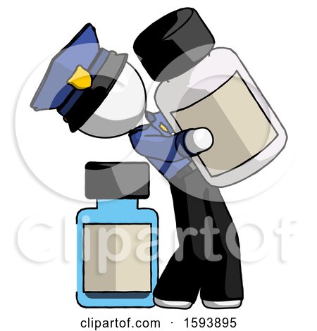 White Police Man Holding Large White Medicine Bottle with Bottle in Background by Leo Blanchette