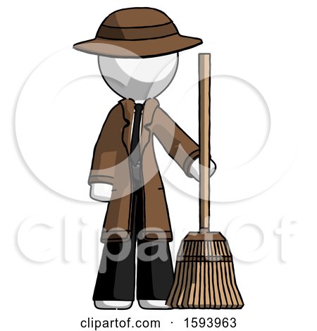 White Detective Man Standing with Broom Cleaning Services by Leo Blanchette