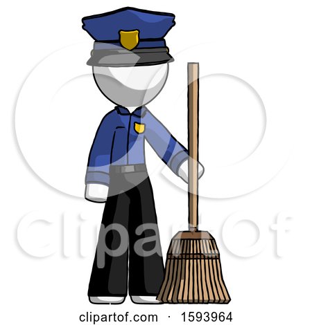White Police Man Standing with Broom Cleaning Services by Leo Blanchette